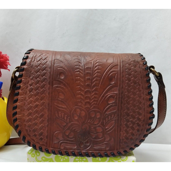 Patricia Nash Brown Tan Leather Floral Tooled Flap Closure Crossbody Bag - Picture 1 of 16